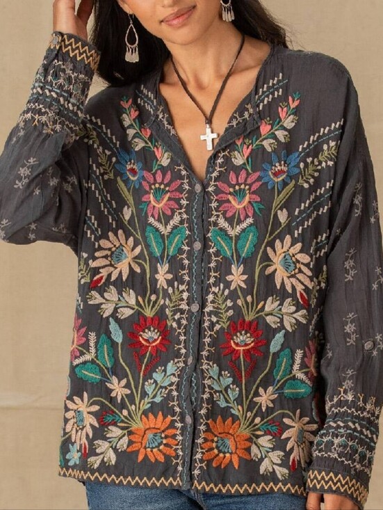 Johnny Was Tops - Johnny Was Embroidered Floral Button-Front Long Sleeve Tunic, NWT Size Medium